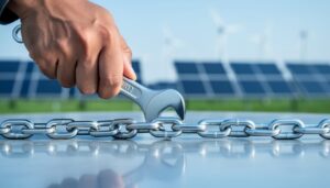Close-up of a technician adjusting a metal chain link with a small wrench on a reflective surface, with solar panels and wind turbines softly blurred in the background.