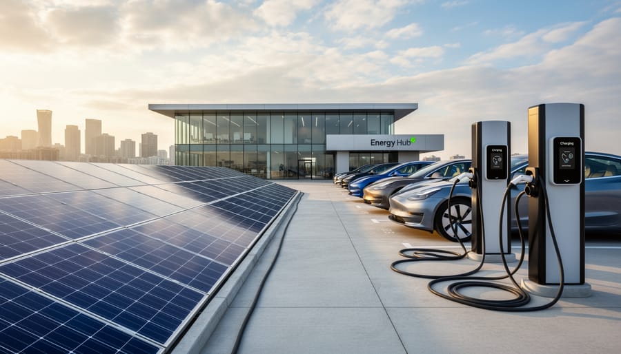 Commercial solar panel installation with EV charging stations in parking lot
