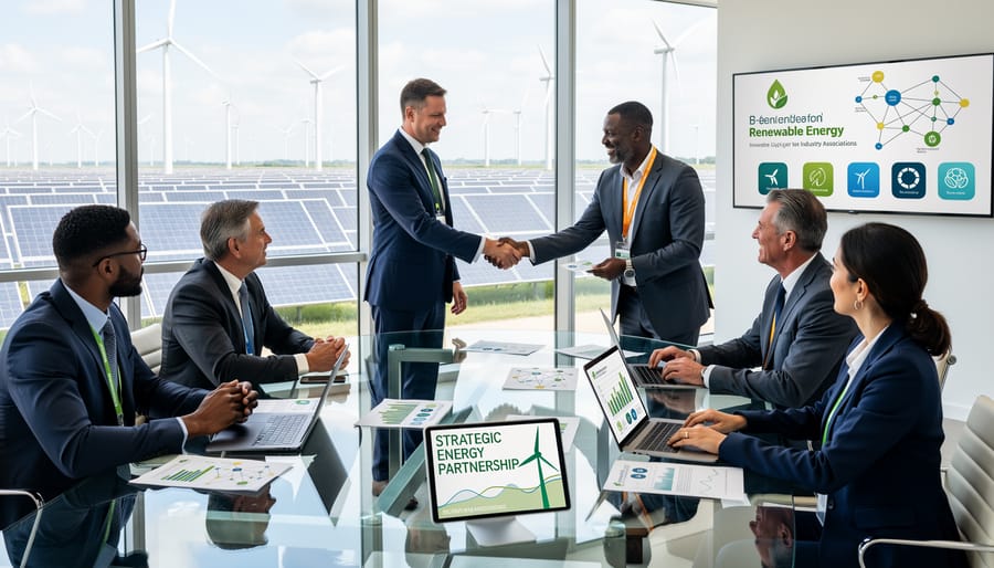 Business professionals shaking hands with renewable energy installations visible through office windows